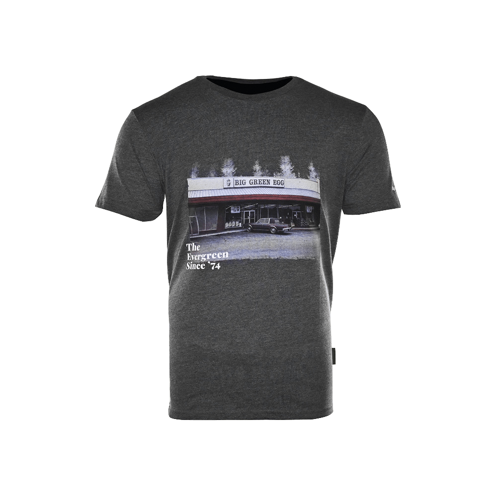 T-Shirt-Big-Green-Egg-Dondergrijs-Since74-Evergreen