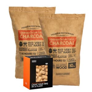 2 zakken houtskool Quebracho Smokin' Flavours + 1 doos aanmaakwokkels