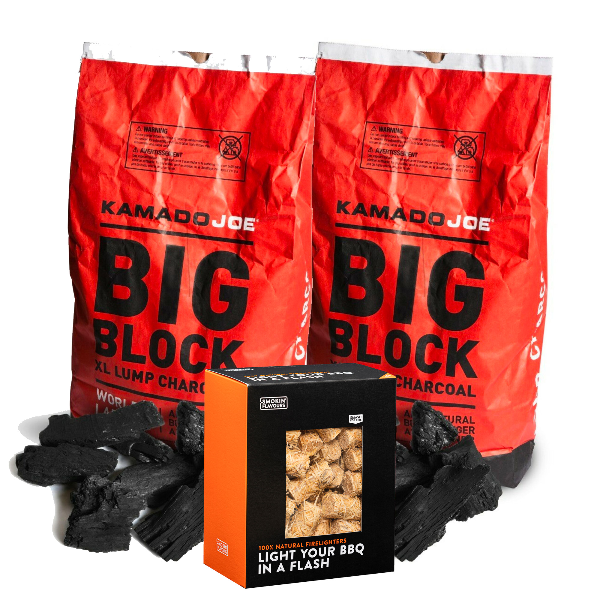 Kamado Joe 2 zakken houtskool Big Block + 1 doos aanmaakwokkels