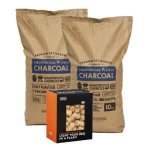 2 zakken houtskool European Oak Smokin’ Flavours + 1 doos aanmaakwokkels