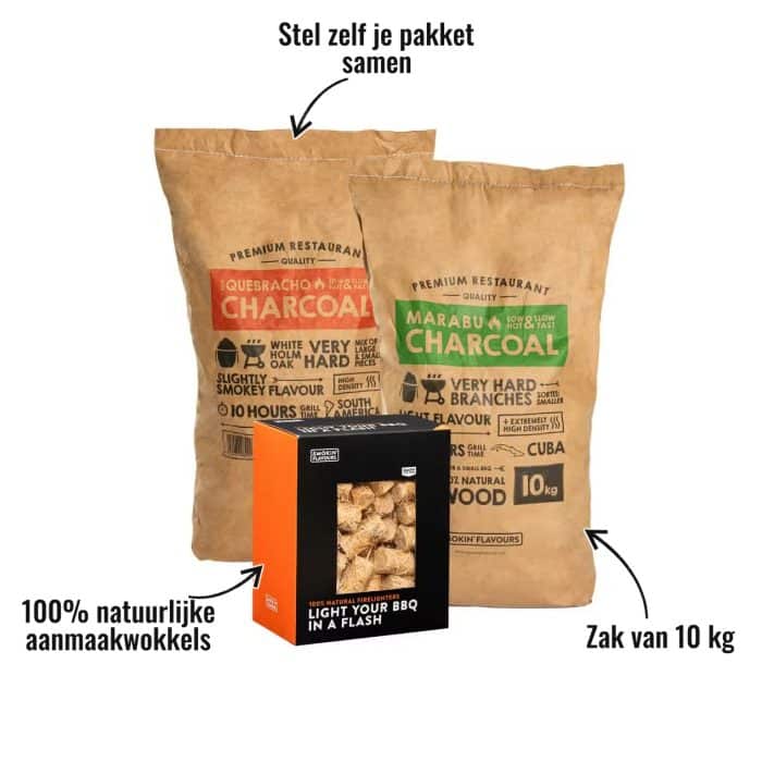 2 Zakken houtskool + aanmaakwokkels - Zak van 10 kg, 100% natuurlijke aanmaakwokkels, Stel zelf je pakket samen