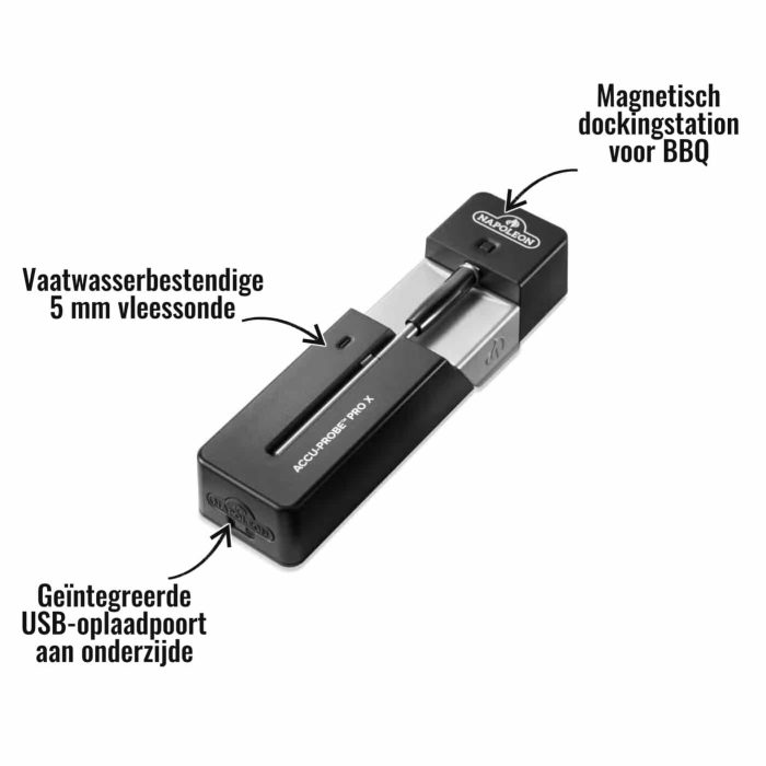 Accu-Probe Pro X Napoleon - Vaatwasserbestendige 5 mm vleessonde, Magnetisch dockingstation voor BBQ, Geïntegreerde USB-oplaadpoort aan onderzijde