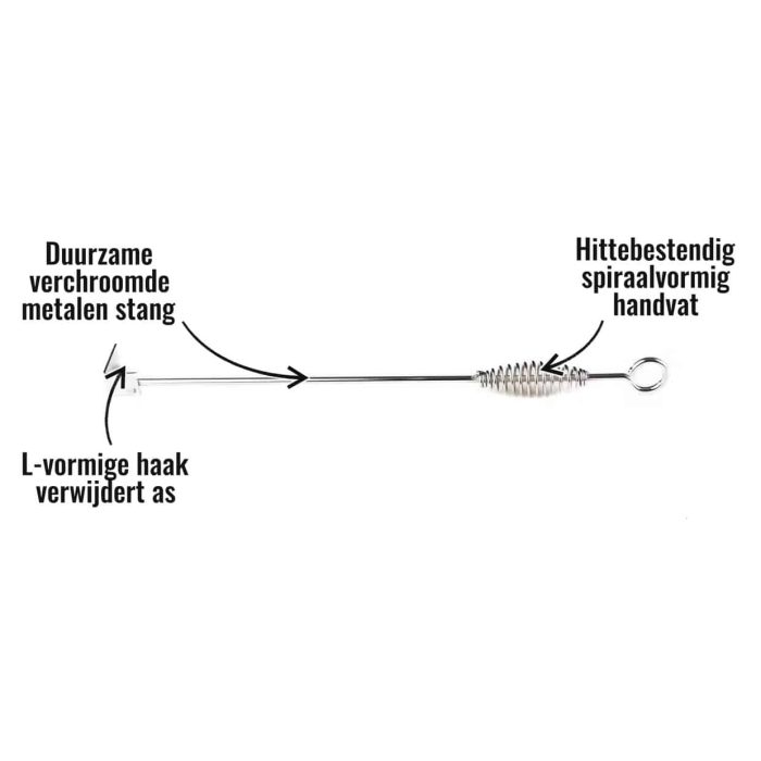 Aspook Grill Guru - L-vormige haak verwijdert as, Duurzame verchroomde metalen stang, Hittebestendig spiraalvormig handvat