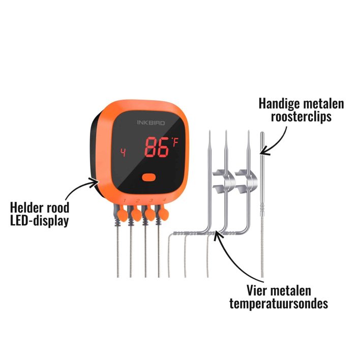 Bluetooth Thermometer IBT-4XC Inkbird - Helder rood LED-display, Vier metalen temperatuursondes, Handige metalen roosterclips