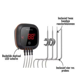 Bluetooth Thermometer IBT-4XS Inkbird - Inclusief vier rvs probes, Duidelijk digitaal LED-scherm, Inclusief twee handige roosterklemmen