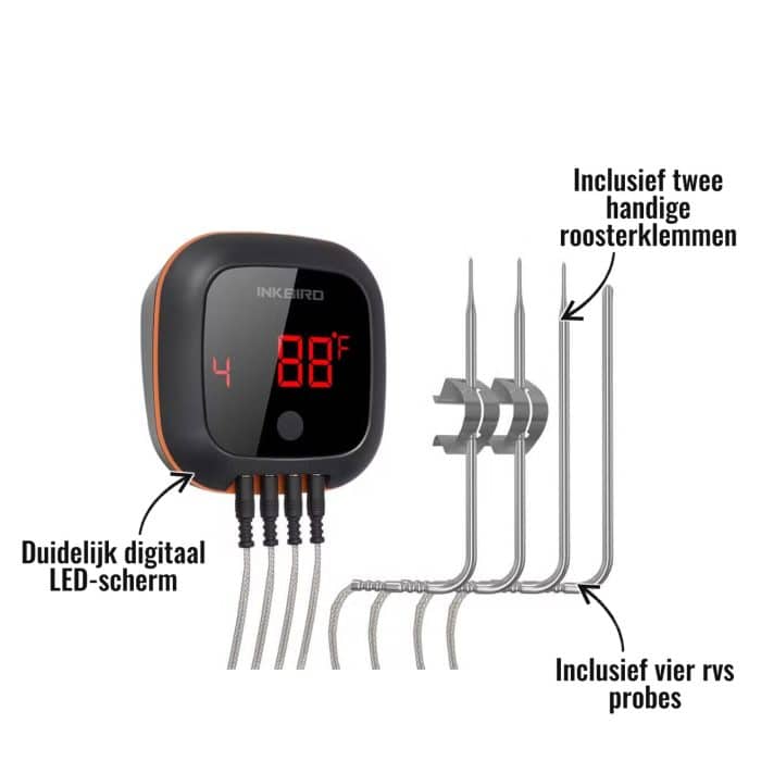 Bluetooth Thermometer IBT-4XS Inkbird - Inclusief vier rvs probes, Duidelijk digitaal LED-scherm, Inclusief twee handige roosterklemmen