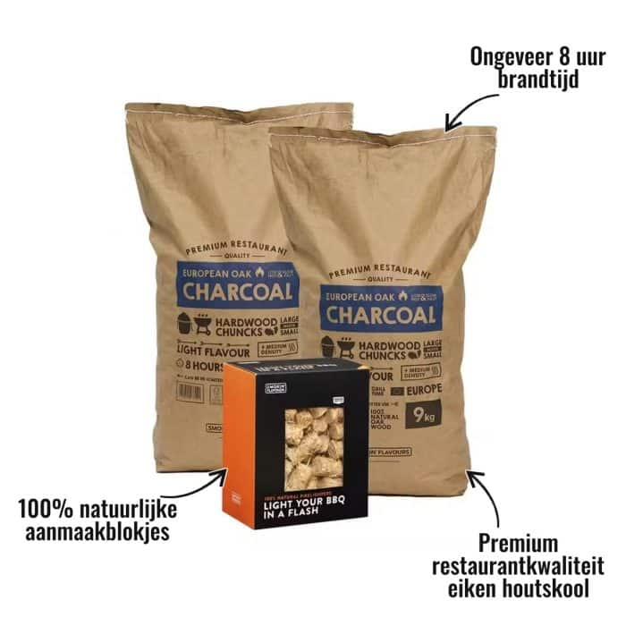 2 zakken houtskool European Oak Smokin' Flavours + 1 doos aanmaakwokkels - Premium restaurantkwaliteit eiken houtskool, 100% natuurlijke aanmaakblokjes, Ongeveer 8 uur brandtijd