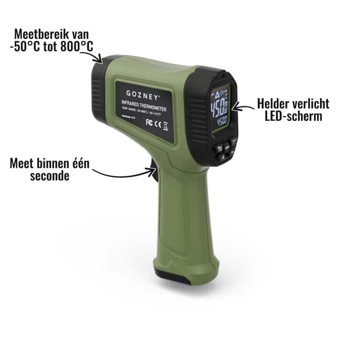 Infrarood Thermometer Gozney - Helder verlicht LED-scherm, Meet binnen één seconde, Meetbereik van -50°C tot 800°C