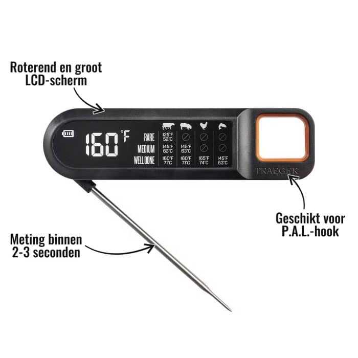 Instant Read Thermometer Traeger - Meting binnen 2-3 seconden, Roterend en groot LCD-scherm, Geschikt voor P.A.L.-hook