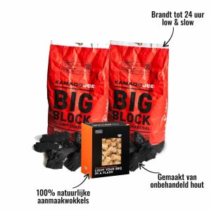 2 zakken houtskool Big Block Kamado Joe + 1 doos aanmaakwokkels - 100% natuurlijke aanmaakwokkels, Brandt tot 24 uur low & slow, Gemaakt van onbehandeld hout