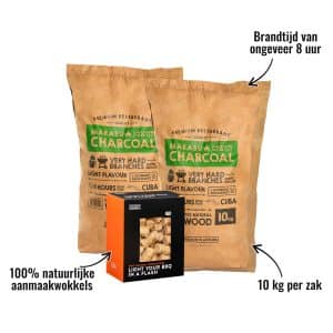 2 zakken houtskool Marabu Smokin' Flavours + 1 doos aanmaakwokkels - 10 kg per zak, 100% natuurlijke aanmaakwokkels, Brandtijd van ongeveer 8 uur
