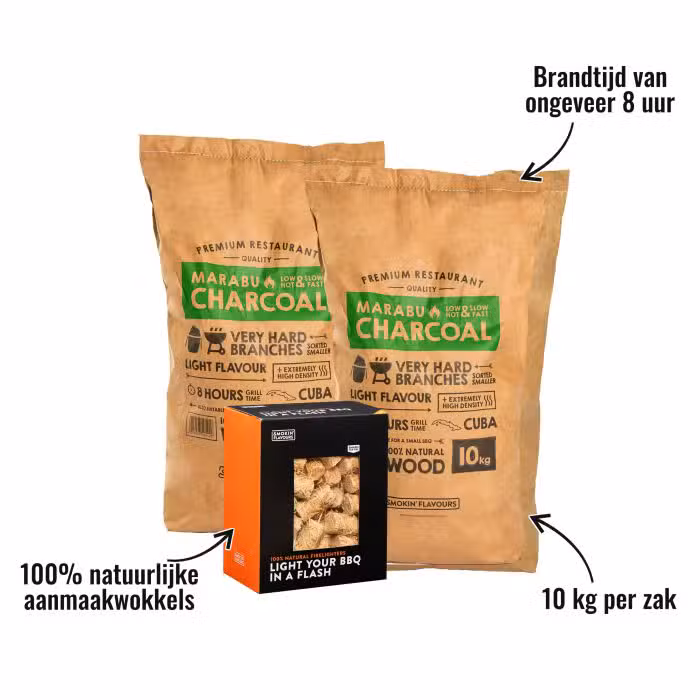 2 zakken houtskool Marabu Smokin' Flavours + 1 doos aanmaakwokkels - 10 kg per zak, 100% natuurlijke aanmaakwokkels, Brandtijd van ongeveer 8 uur