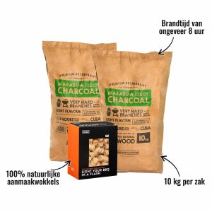 2 zakken houtskool Marabu Smokin' Flavours + 1 doos aanmaakwokkels - 10 kg per zak, 100% natuurlijke aanmaakwokkels, Brandtijd van ongeveer 8 uur