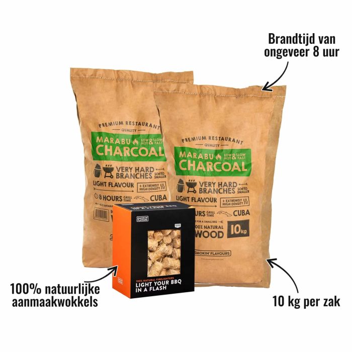 2 zakken houtskool Marabu Smokin' Flavours + 1 doos aanmaakwokkels - 10 kg per zak, 100% natuurlijke aanmaakwokkels, Brandtijd van ongeveer 8 uur
