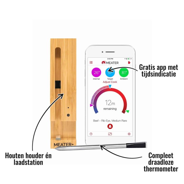 Meater plus+ (50 meter) - Compleet draadloze thermometer, Houten houder én laadstation, Gratis app met tijdsindicatie