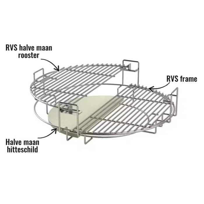 Multi level systeem Large Grill Guru - RVS halve maan rooster, Halve maan hitteschild, RVS frame