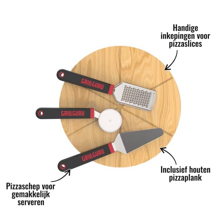Pizza set Grill Guru - Inclusief houten pizzaplank, Pizzaschep voor gemakkelijk serveren, Handige inkepingen voor pizzaslices