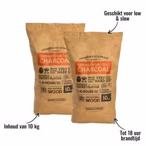 2 zakken houtskool Quebracho 10KG (Zuid Amerika) Smokin' Flavours - Inhoud van 10 kg, Geschikt voor low & slow, Tot 18 uur brandtijd