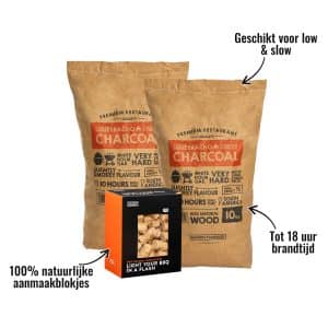 2 zakken houtskool Quebracho Smokin' Flavours + 1 doos aanmaakwokkels - Tot 18 uur brandtijd, 100% natuurlijke aanmaakblokjes, Geschikt voor low & slow