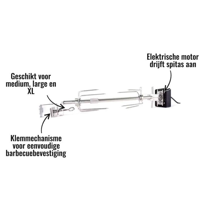 Rotisserie Grill Guru - Elektrische motor drijft spitas aan, Klemmechanisme voor eenvoudige barbecuebevestiging, Geschikt voor medium, large en XL