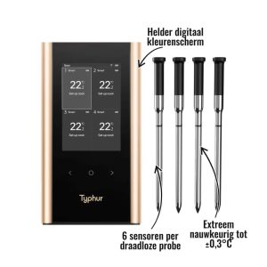 Sync Gold Quad Typhur - 6 sensoren per draadloze probe, Helder digitaal kleurenscherm, Extreem nauwkeurig tot ±0,3°C