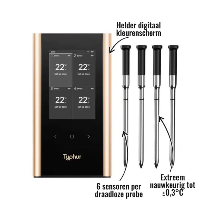 Sync Gold Quad Typhur - 6 sensoren per draadloze probe, Helder digitaal kleurenscherm, Extreem nauwkeurig tot ±0,3°C