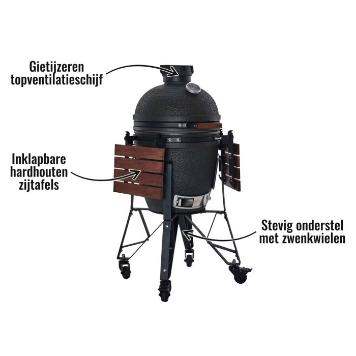 The Bastard medium compleet urban - Inklapbare hardhouten zijtafels, Stevig onderstel met zwenkwielen, Gietijzeren topventilatieschijf