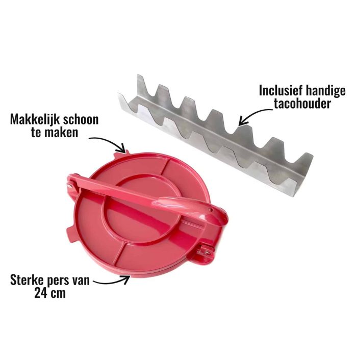 Tortilla set Grill Guru - Inclusief handige tacohouder, Sterke pers van 24 cm, Makkelijk schoon te maken