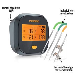 WiFi Thermometer IBBQ-4T Inkbird - Overal bereik via WiFi, Inclusief vier meetprobes, Inclusief handige roosterklemmen