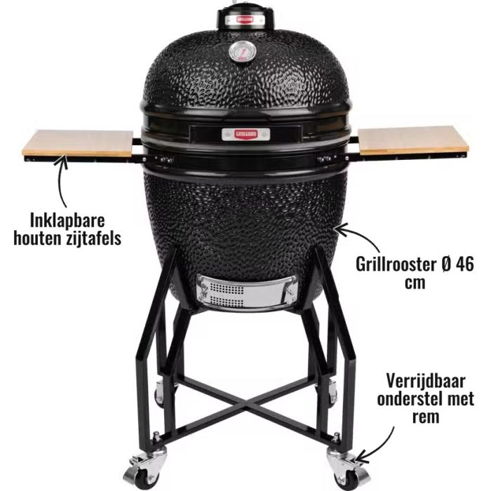 Grill Guru Entry Large Bundel - Grillrooster Ø 46 cm, Verrijdbaar onderstel met rem, Inklapbare houten zijtafels