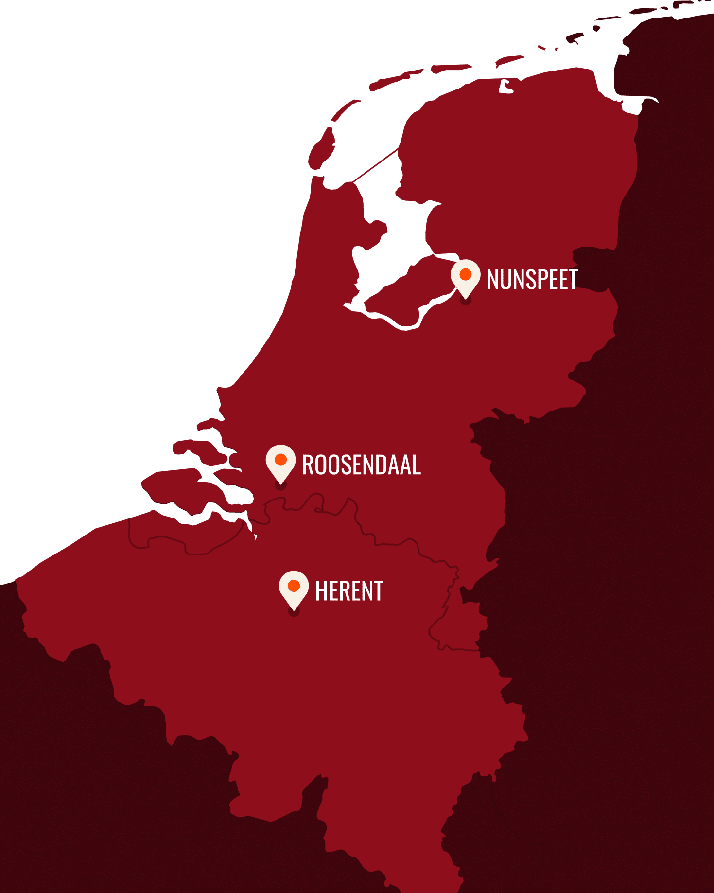 Kaart van Nederland en België met onze showrooms in Nunspeet, Roosendaal en Herent