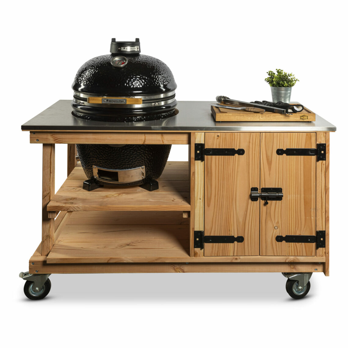 Douglas tafel met kast en RVS blad + Monolith Classic Pro 2.0 BBQ